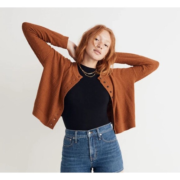Madewell Brampton Cropped Crewneck Button Cardigan Sweater Brown Small - Picture 1 of 13